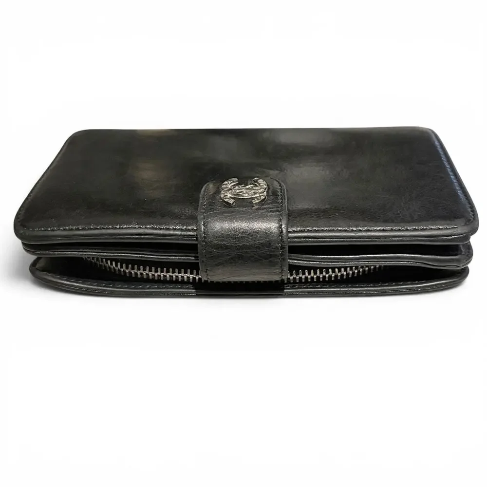 Chanel Black Lambskin Long Bifold Wallet Silver CC Snap Flap Zip Coin Pocket